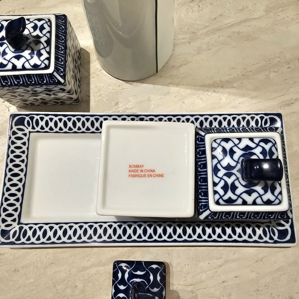 Bombay Blue and White Ceramic Condiment Canister Set W Tray - Picture 8 of 9